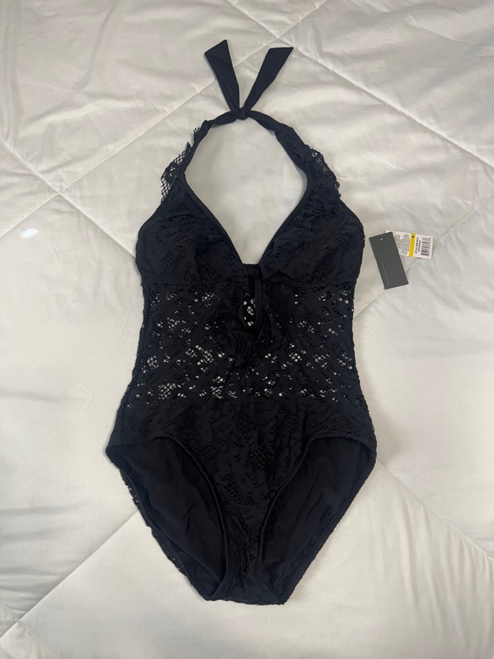Kenneth Cole Reaction crochet halter one-piece swimsuit. Black, women’s size Med